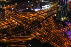 Picture of a complex road merge system from above at night