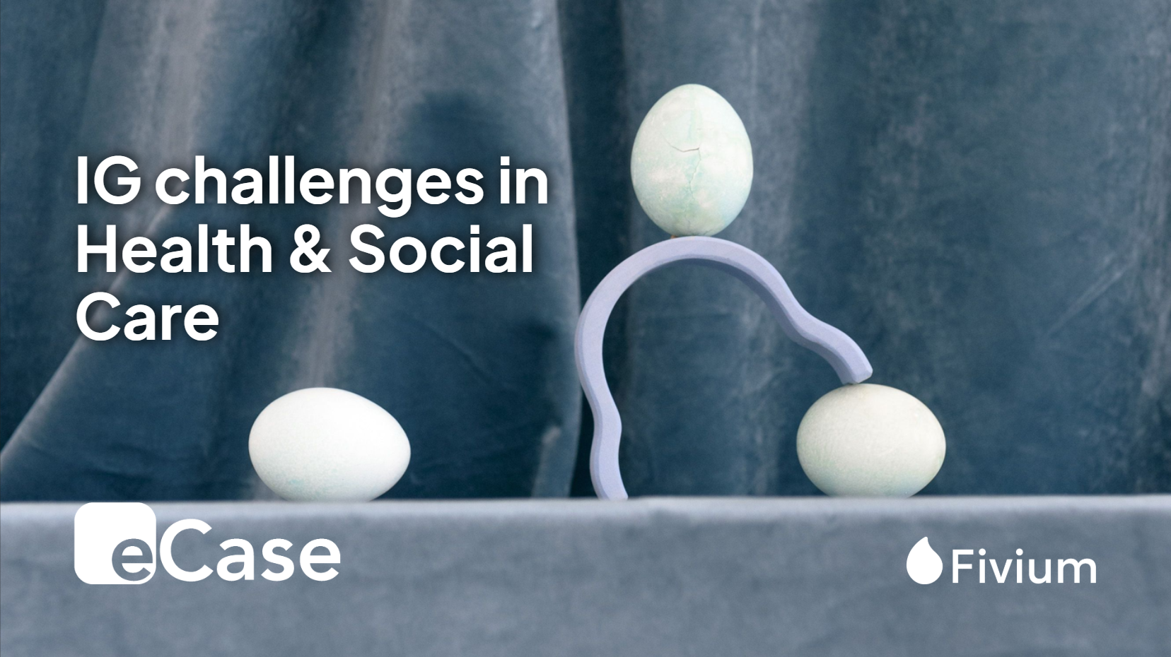 An image of 3 white eggs and a curved, thin white frame set against a pale blue background that looks like a curtain. One egg is on its own, to the left of the curve, one supporting the frame on the right and one is sitting on the top of the curve of the frame.